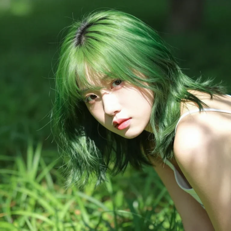 1girl, Solo, Shoulder-length Hair, Green Hair, Waving, Leani...