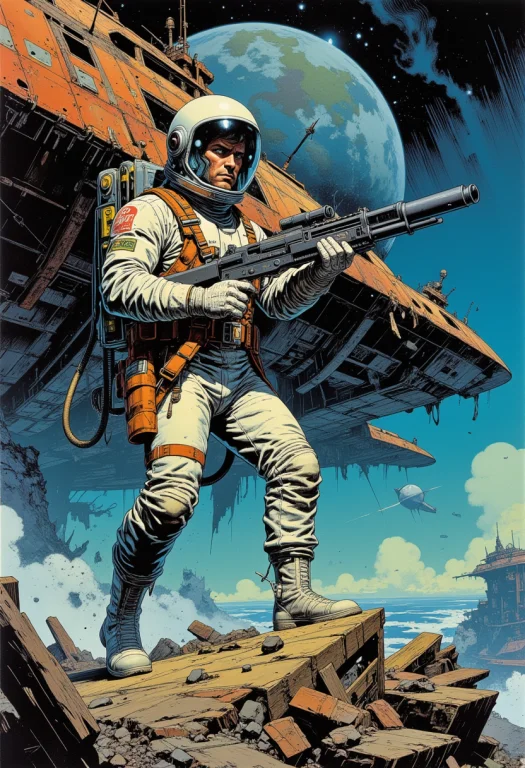 Comic Book Art, A Handsome Male Astronaut Wearing Sleek Mode...