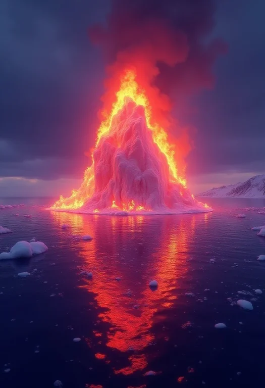 An Iceberg Completely Engulfed In Flames, Inferno, Blazing,...