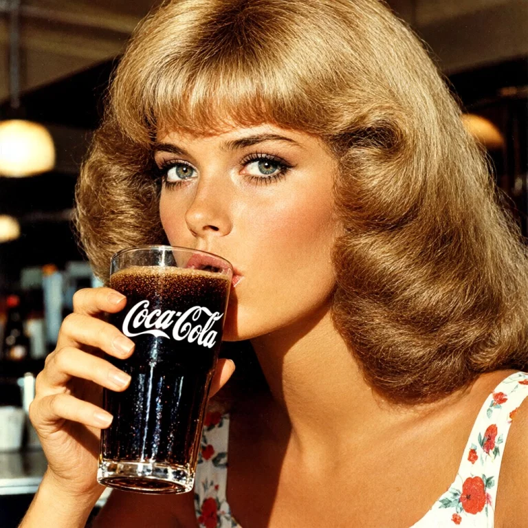 1970s Style Woman Drinking Coca-cola. Advertising Poster