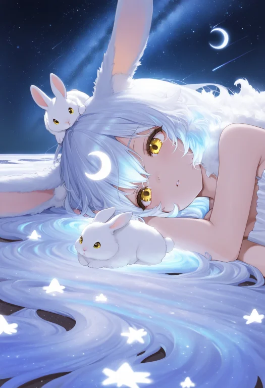 1girl, Masterpiece, On Side, Night Sky, Crescent Moon, Rabbi...