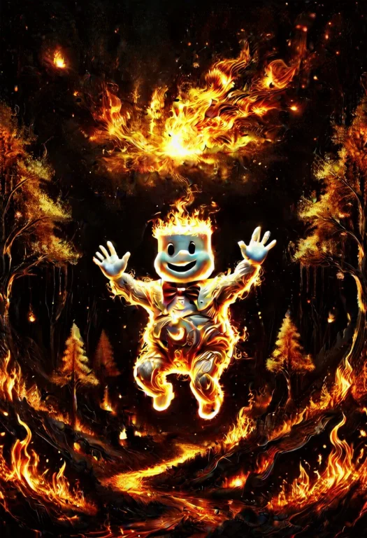 A Marshmallow Man Dancing In A Forest Campsite At Night, Eng...