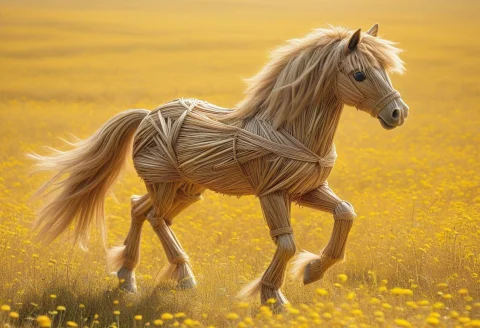 A Straw Horse Prancing In A Golden Meadow, Long Straw Mane — SDXL AI Prompt: A straw horse prancing in a golden meadow, long straw mane