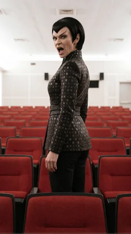 Alien Woman in Auditorium Prompt — Stable Diffusion AI Prompt: rmlnfml alien woman, three-quarter from mid-thigh up, straight-on, standing, tur...