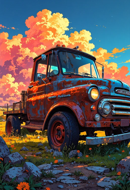 A Cute Round Rusted Robot Repairing A Classic Pickup Truck,...