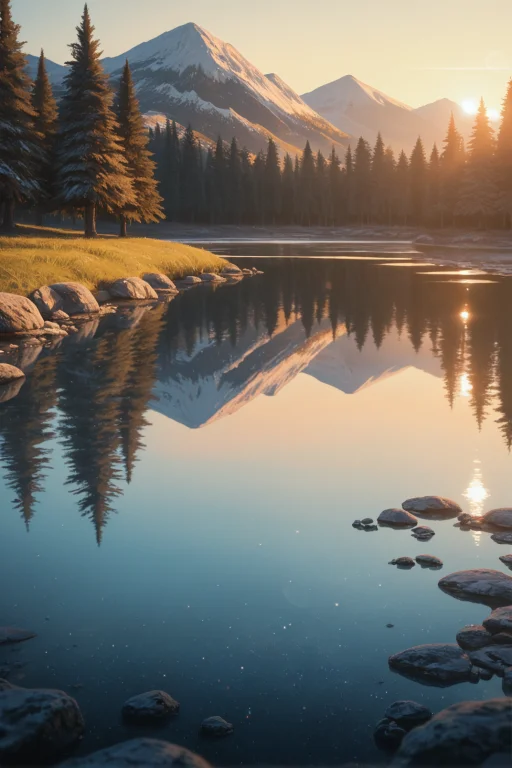 Squatting On Grass, Mountain Lake, Clear Sky, Rocky Shorelin...