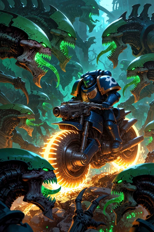 , Space Marine Riding Into A Tyrannid Swarm On A Solar Bicyc...