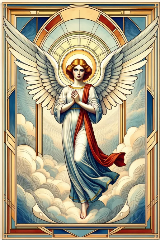 A Color Art Deco Drawing. An Angel In The Clouds.