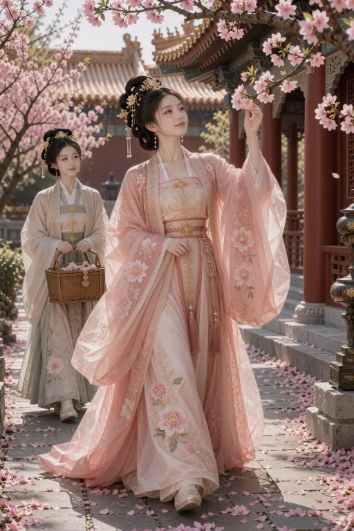 宫装,桃花铺满地面的宫苑小径上,一名年轻中国女子缓步走在树下...