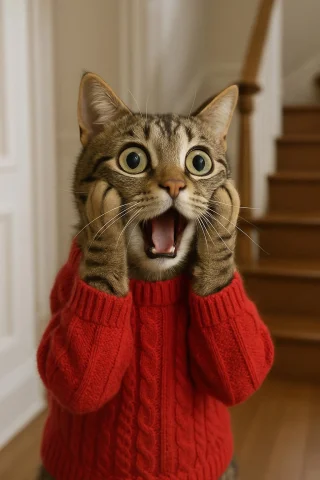 Generate Me A Funny Photo Realistic Picture Of A Cat Wearing... — Stable Diffusion AI Prompt: Generate me a funny photo realistic picture of a cat wearing a red holiday sweat...