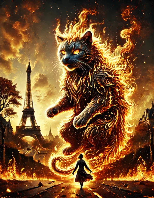 A Giant Cat Walking Through Paris Flamestyle, All Made Of Fi...