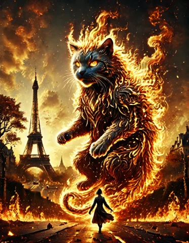 A Giant Cat Walking Through Paris Flamestyle, All Made Of Fi... — SDXL AI Prompt: A giant cat walking through Paris flamestyle, all made of fire and flames, lazyp...