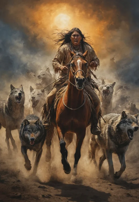 Native American On His Horse Trying To Escape A Wolf Pack, W...