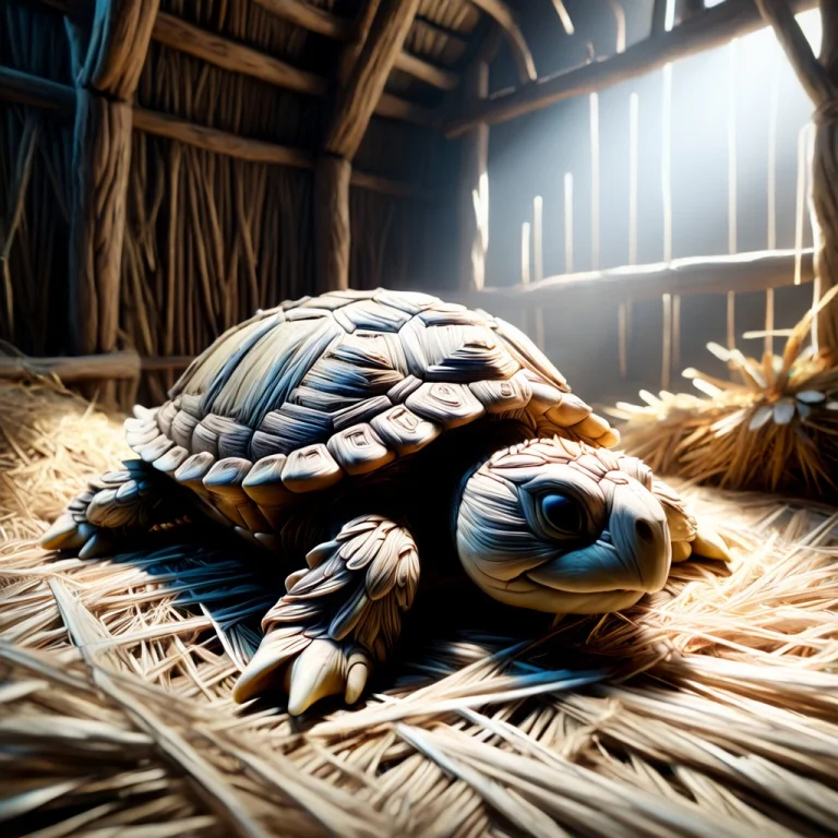 An Large Turtle Resting Peacefully Inside A Straw Stable. Th...