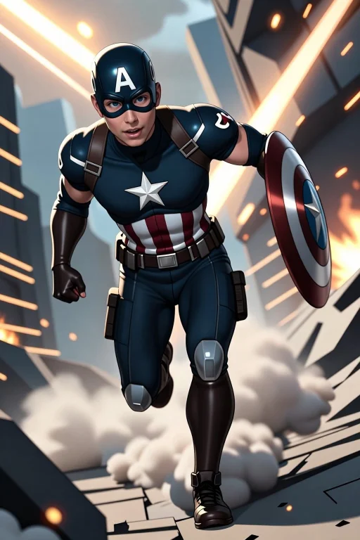 Captain America Running Through A Battlefield With Shield Ra...