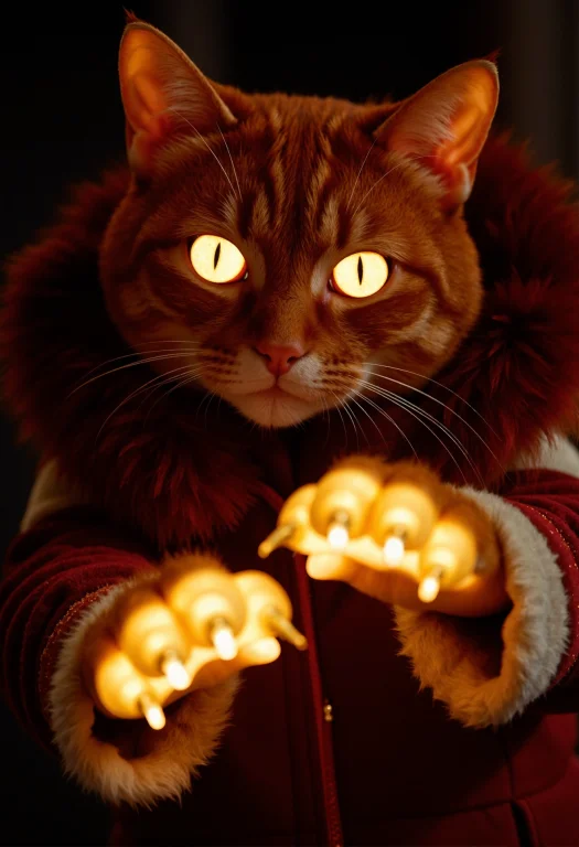 A Luminous Texture Of A Red Hair Stylized Cat, Glowing In Th...