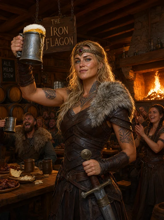 A Fierce Fantasy Warrior Queen Stands Proudly In A Lively Me...