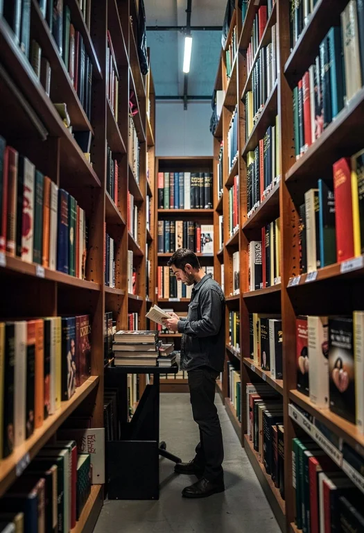 A Bookseller Reading Among Towering Shelves, Editorial Photo...