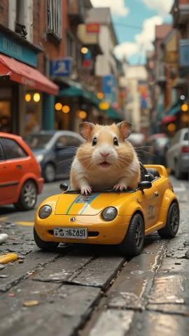 Giant Hamster In A Toy Car, Zooming Through A Busy Street Ma... — SDXL AI Prompt: Giant hamster in a toy car, zooming through a busy street (masterpiece, award wi...