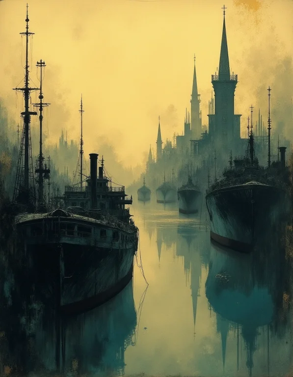 Panoramic View Of A Port, Light And Shadow On Old Paper, Soo...