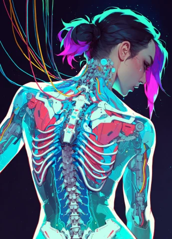 Woman, Solo,glowing Mechanical Spine, Translucent Body, Biom... — Stable Diffusion AI Prompt: woman, solo,glowing mechanical spine, translucent body, biomechanical anatomy, n...