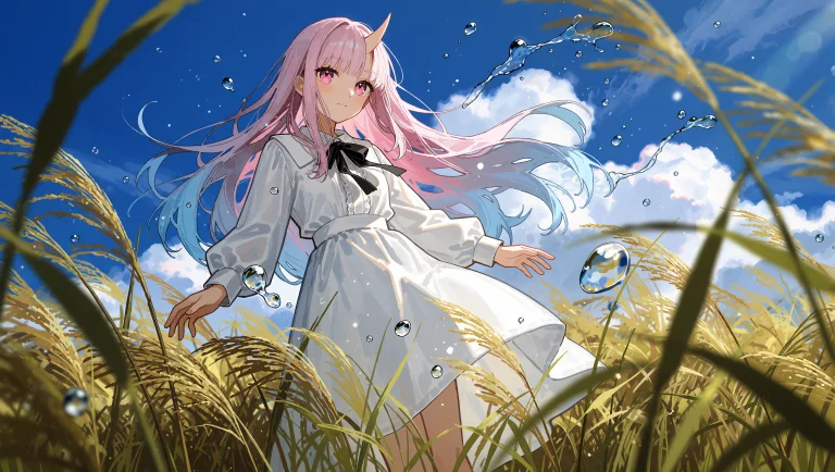 A Low-angle View Of A Girl With Long Pink Hair Fading To Lig...