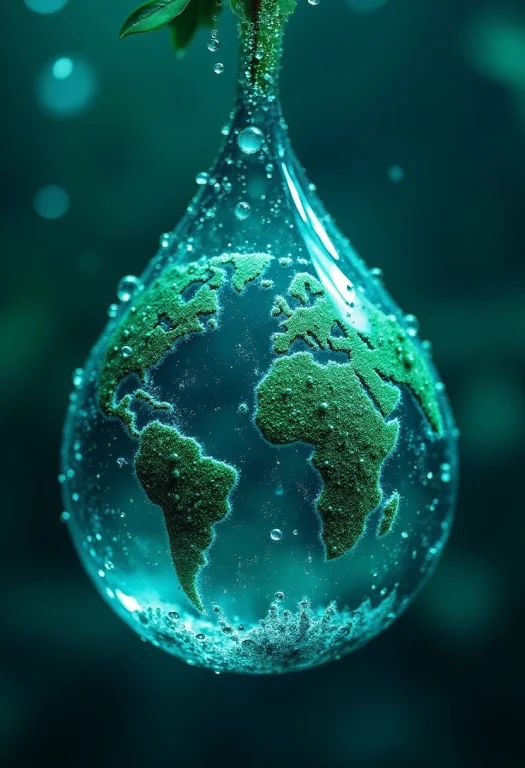 Green World Trapped Into The Blue Rain Droplet With Million...