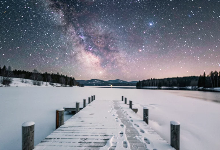 A Lakeside Dock Under A Sky Full Of Stars, Candid Photograph...