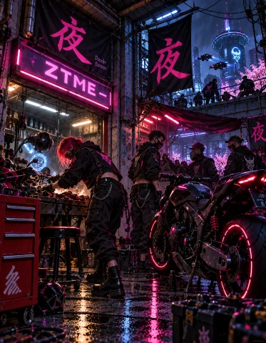 Loratraining2617621-202609221654466841 Z1os, Rainy Exterior... — Stable Diffusion AI Prompt: z1os, rainy exterior of a cyberpunk garage in Neo Tokyo, glowing workshop entra...