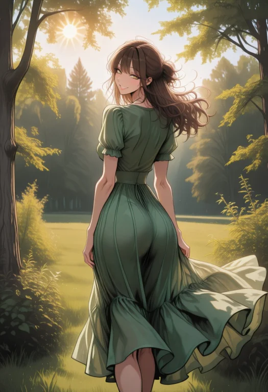 One Girl, In A Forrest, Green Brown Dress, Long Dress, Long...