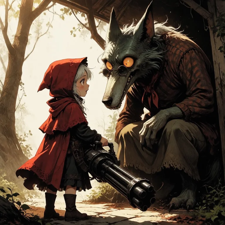 Little Red Riding Hood Facing The Big Bad Wolf Wearing Grand...