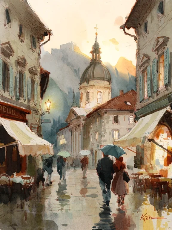 Bradhamel Art Style. A Wet Cobblestone Street In A European...