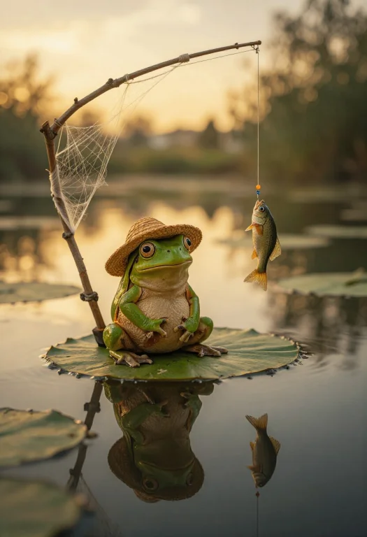 A Green Tree Frog Wearing A Tiny Straw Hat Sitting On A Lily...