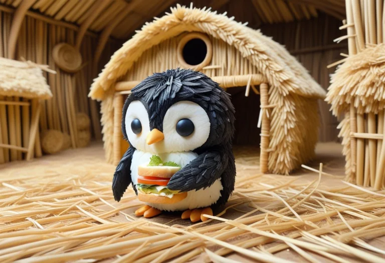 A Straw Chibi Penguin In A Straw Barn, Eating A Sandwich