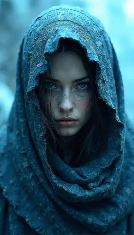 Envision A Close-up Portrait Of A Female Figure Wrapped In A... — FLUX AI Prompt: Envision a close-up portrait of a female figure wrapped in ancient, hieroglyph-c...