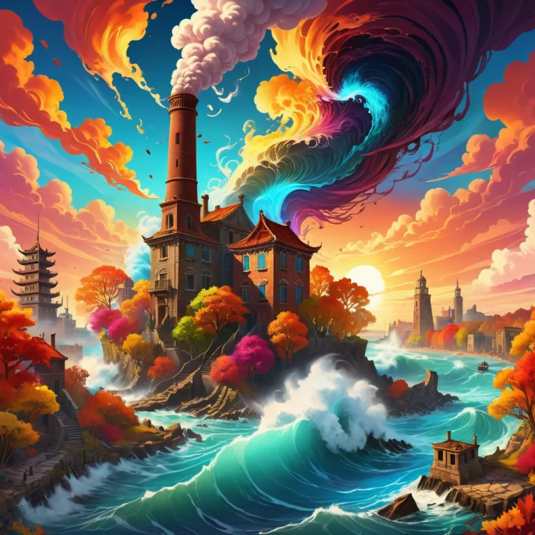 Turbulent Ocean With Crashing Waves, Smoke Gently Rising Fro...