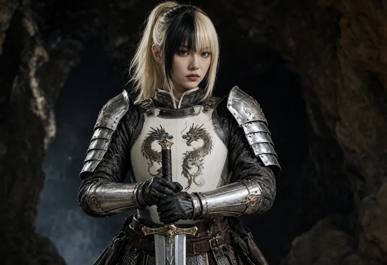 A Female Warrior In Ornate Armor Holding A Sword, Standing C...