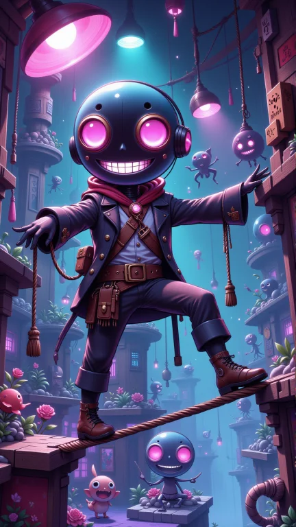 A Cyborg Pirate Balancing On A Tightrope Above A Neon-lit Aq...