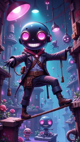 A Cyborg Pirate Balancing On A Tightrope Above A Neon-lit Aq... — FLUX AI Prompt: A cyborg pirate balancing on a tightrope above a neon-lit aquarium.