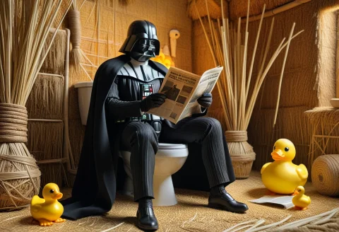 Woven Darth Vader Tuxedo Toilet Art — SDXL AI Prompt: a darth vader in a tuxedo sitting on a toilet reading a newspaper, rubber ducks...