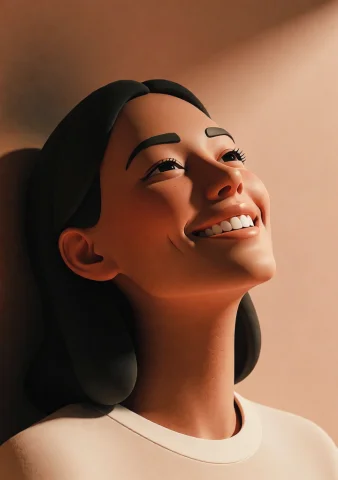 A Woman Smiling With Her Head Tilted Back Against A Plain Wa... — Stable Diffusion AI Prompt: a woman smiling with her head tilted back against a plain wall of terracotta, so...