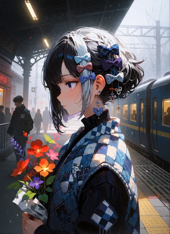 Modenijianime, A Young Woman With Asymmetrical Bob, Colored... — Stable Diffusion AI Prompt: mode_niji_anime, a young woman with asymmetrical bob, colored in charcoal with s...