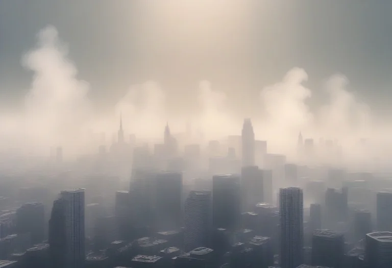 A City Skyline Dissolving Into Rising Smoke, Minimalist Fram...