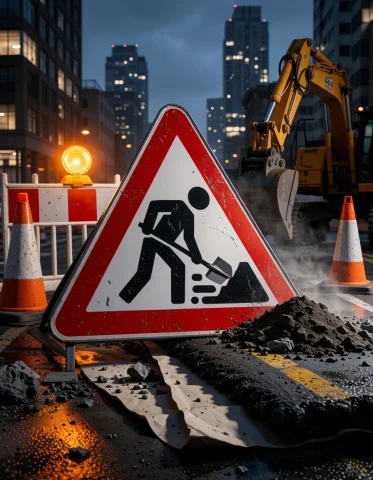 Surreal Roadworks Sign Art — Stable Diffusion AI Prompt: A triangular roadworks warning sign stands beside a construction zone at dusk. T...