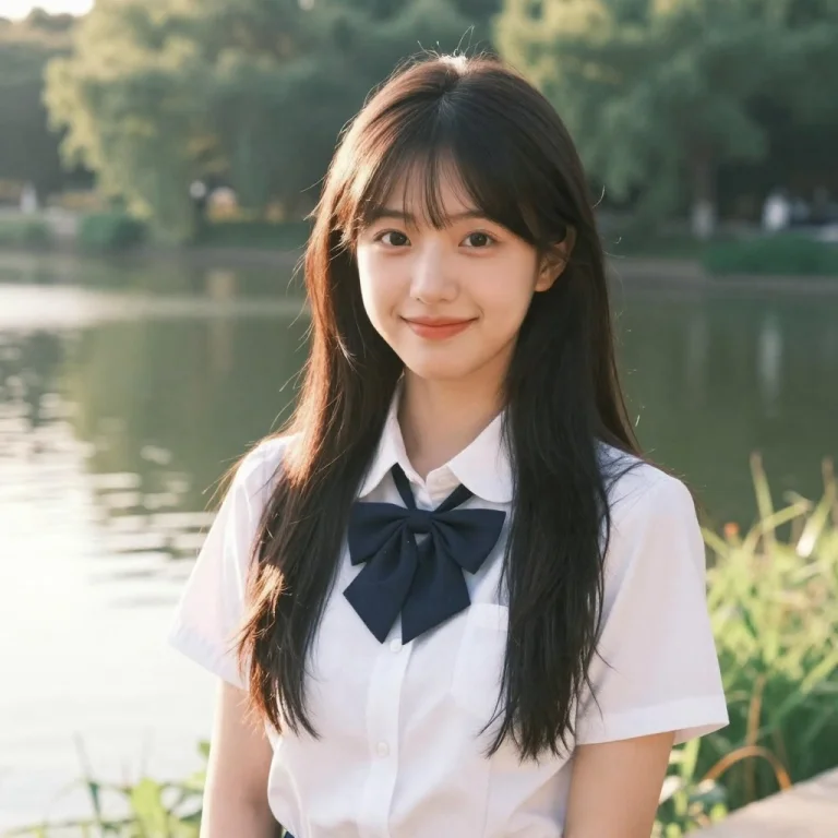 Cute Korean Girl, , School Girl , 18yo, Happy, Morning Lake