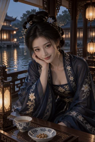 古装，夜间临水栏杆旁，一名年轻中国女子穿深蓝礼服向镜头俯身，... — Stable Diffusion AI Prompt: 古装，夜间临水栏杆旁，一名年轻中国女子穿深蓝礼服向镜头俯身，右肘支在桌边，右手托...