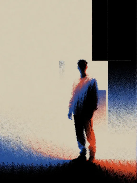 A Stylized Male Figure Standing Against A Vast Abstract Arch...