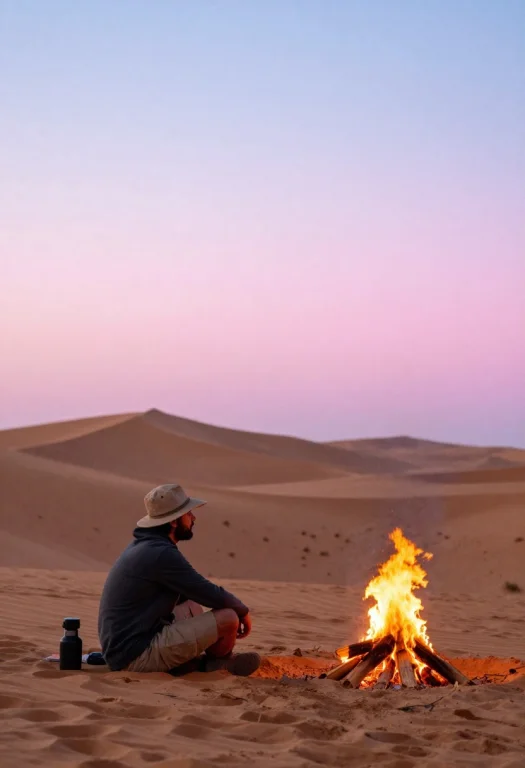 A Traveler Resting Beside A Desert Campfire, Telephoto Compr...