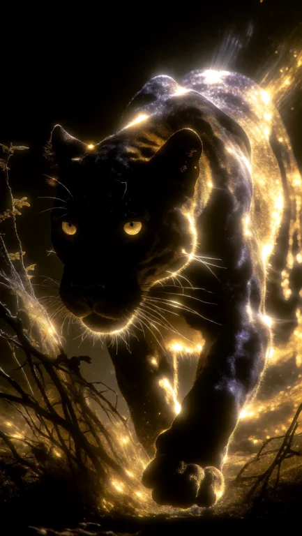 A Panther Stalks Through Dense Brush, Its Fur Shimmering Wit...