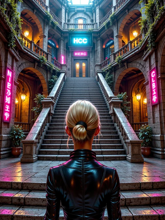 Hcc, Hidden Cyberpunk Courtyard, Close-up Front View Of A Bl...